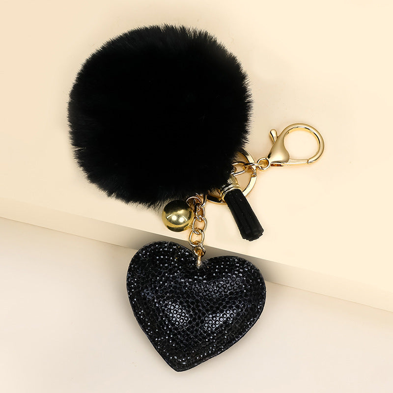 Wholesale of 50pcs Velvet Inlaid Diamond Heart Tassel Zinc Alloy Keychain